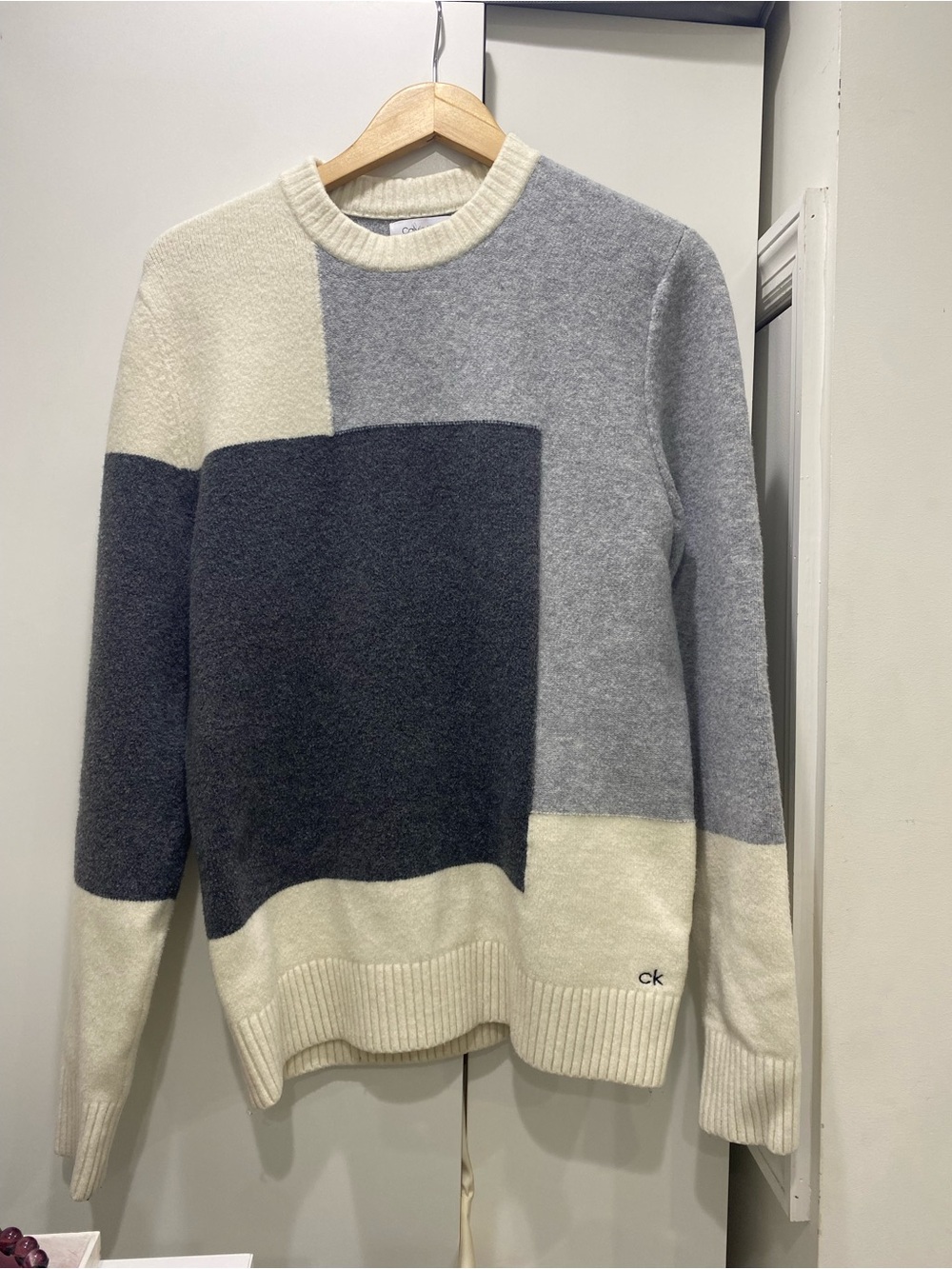 Calvin Klein Colorblock Crewneck Sweater in Gray, Cream, and Charcoal